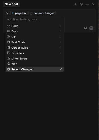 Cursor chat interface showing context selection menu with options like Code, Docs, Git, and Recent Changes.