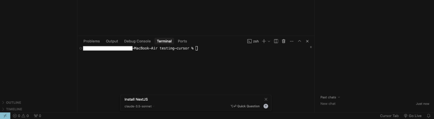 Cursor terminal view showing prompt to install Next.js using Claude-3.5-Sonnet.