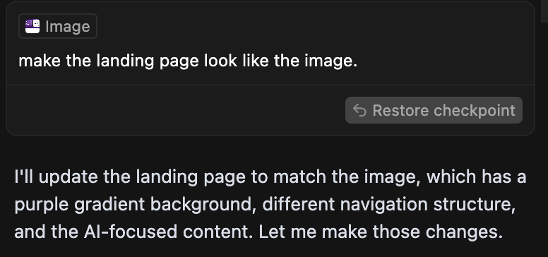 Cursor AI chat where the user asks to replicate a landing page based on an uploaded image, and the assistant confirms changes including layout and gradient.
