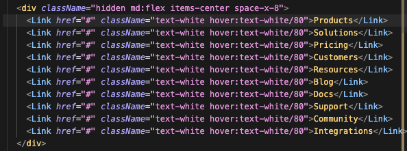 Expanded navigation bar JSX code with multiple <Link srcset=