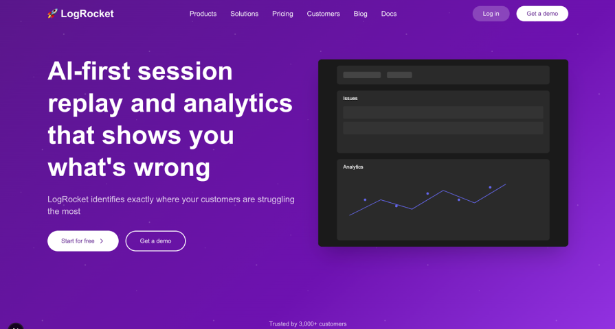 LogRocket landing page with a purple gradient background, bold AI-focused headline, and an analytics dashboard illustration.