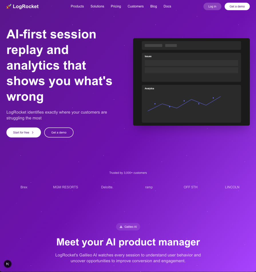 LogRocket homepage showcasing AI-powered session replay and analytics with a purple background and feature buttons.