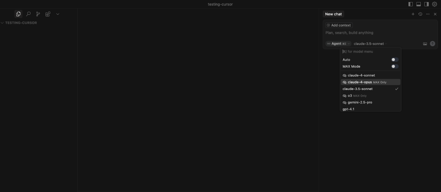 Cursor AI interface showing chat panel with model selection menu open.