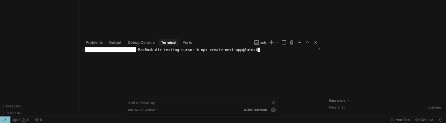 Terminal in Cursor showing command to create a new Next.js app using npx create-next-app@latest.