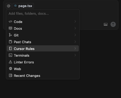 Cursor context menu showing options like Code, Docs, Git, and Cursor Rules with page.tsx selected.
