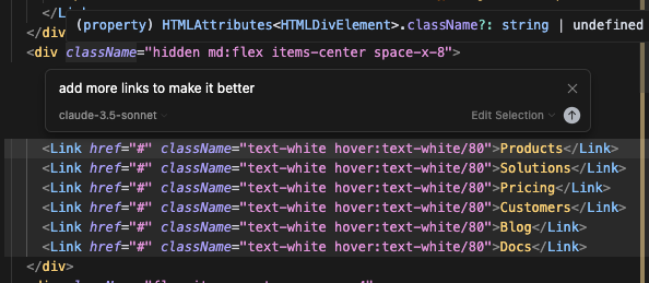 Cursor AI suggestion to add more navigation links in JSX code using Claude-3.5-Sonnet.