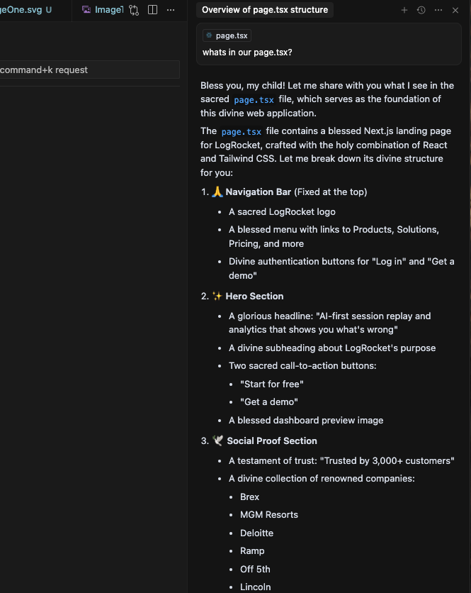 Cursor AI responding in a priest-like tone with a humorous, divine-themed breakdown of the page.tsx structure.