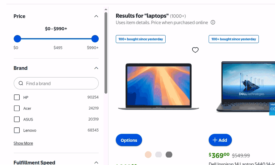 Walmart’s Advanced Filtering Section