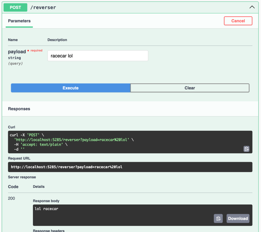 reverse action accepts a query string parameter of payload