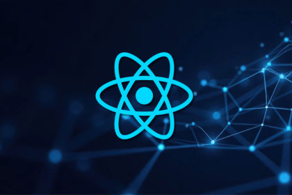 React logo over a dark blue abstract background with glowing network nodes and connections