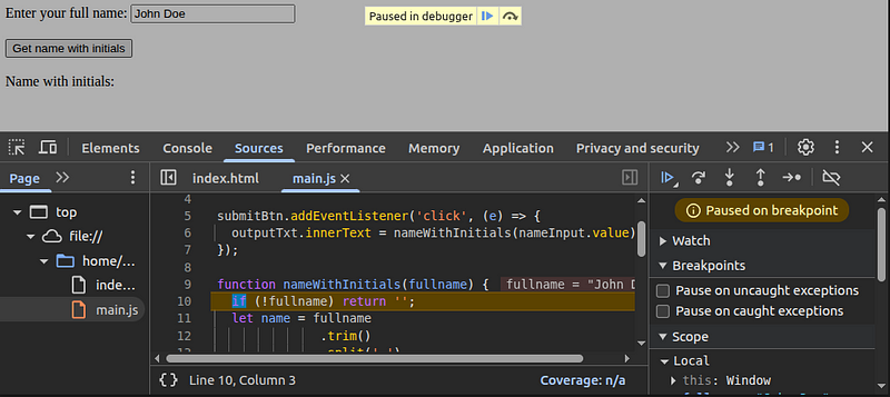 Debugging JavaScript Code Of A Sample App Using Breakpoints Within The Sources Tab