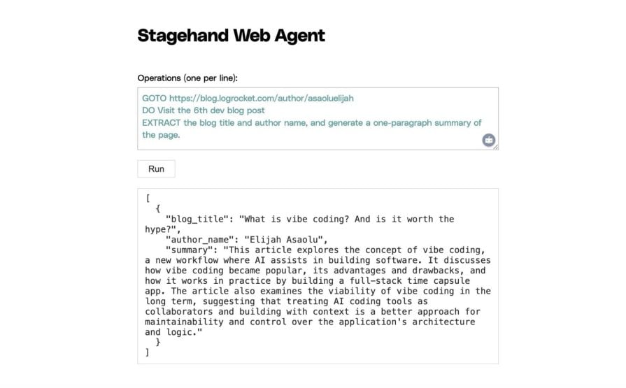 Stagehand Web Agent interface displaying extracted blog title, author name, and summary from a LogRocket article