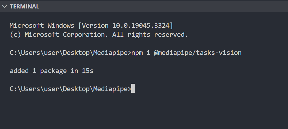 Screenshot of a Windows terminal showing successful installation of the @mediapipe/tasks-vision package using npm