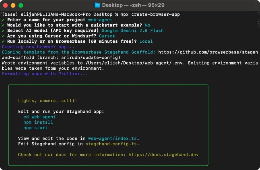Terminal output showing the setup of a Stagehand web agent app using Google Gemini 2.0 Flash and Cursor, with instructions to start the app locally