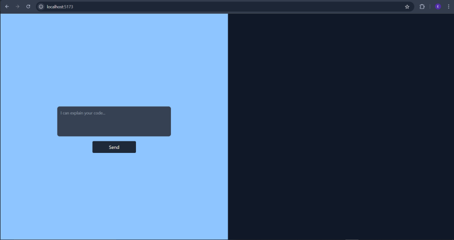 Split-screen UI with a text area and "Send" button on the left and a dark output panel on the right