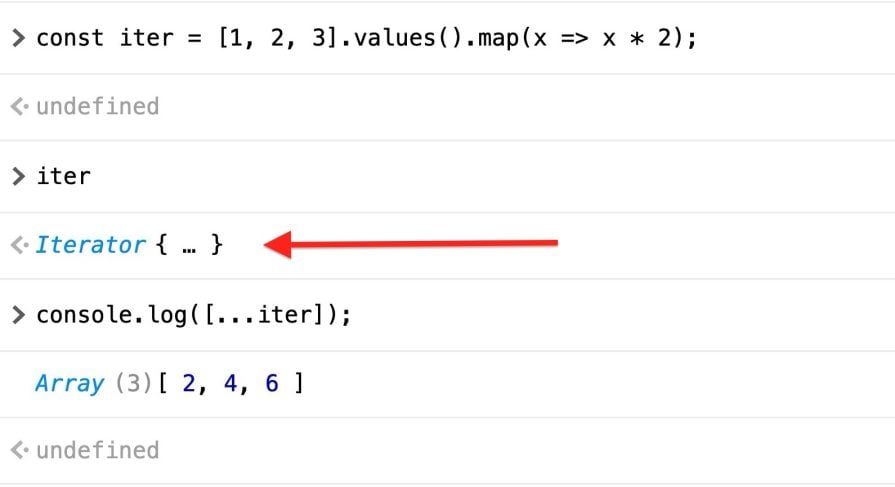 JavaScript iterator object logged in console with arrow pointing to Iterator