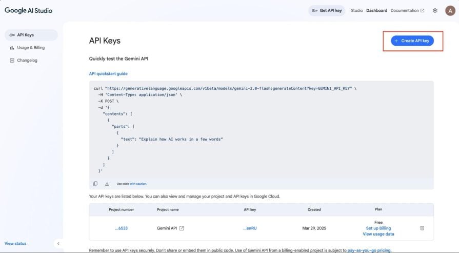 Google AI Studio screen showing the "Create API key" button and sample Gemini API usage code