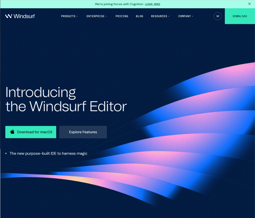Windsurf Editor homepage featuring macOS download button and abstract gradient design