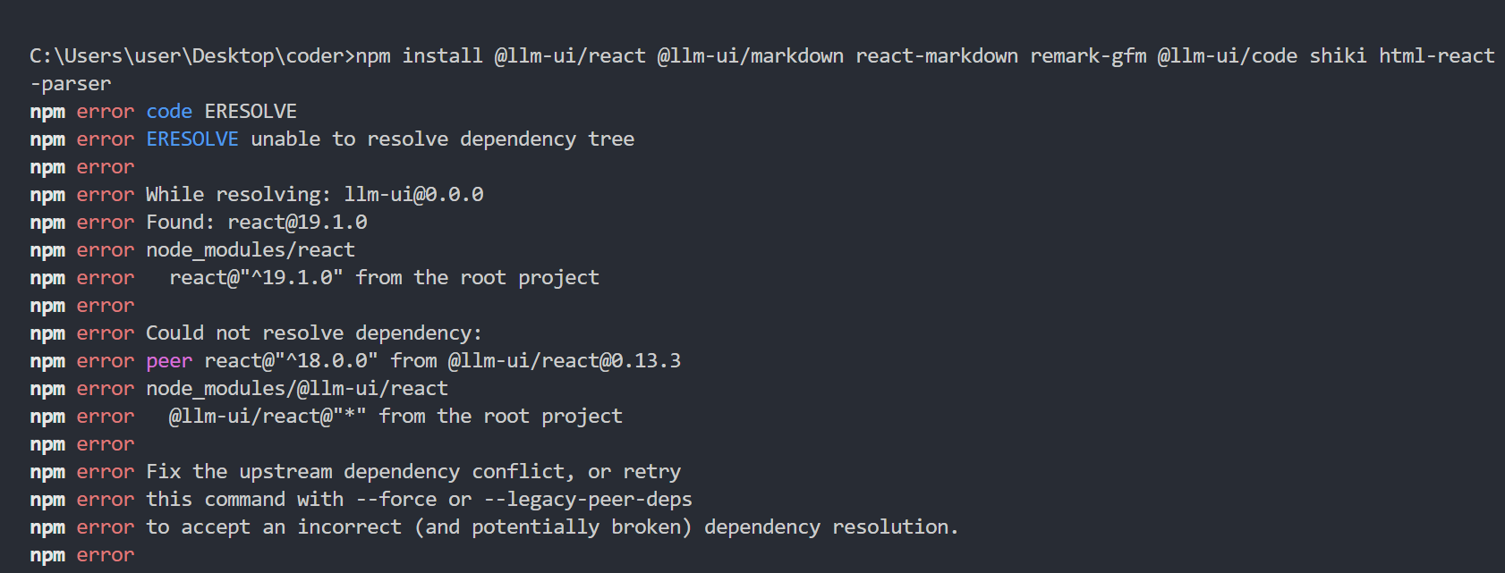 npm error: React 19 conflicts with @llm-ui/react, which requires React 18