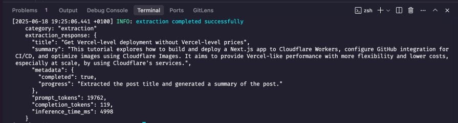 Terminal output showing successful extraction of a blog post title and summary using an AI tool