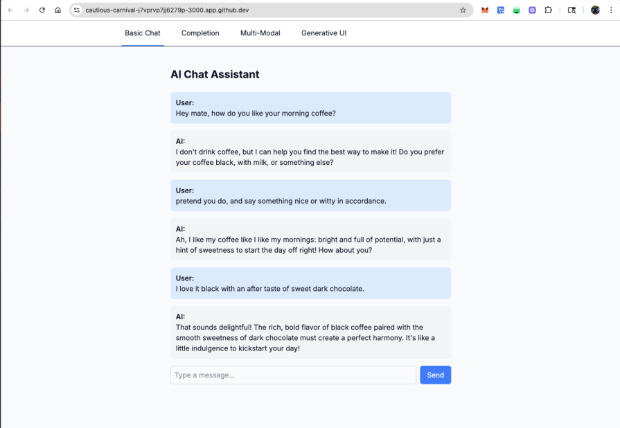 AI chat interface showing a coffee-themed conversation