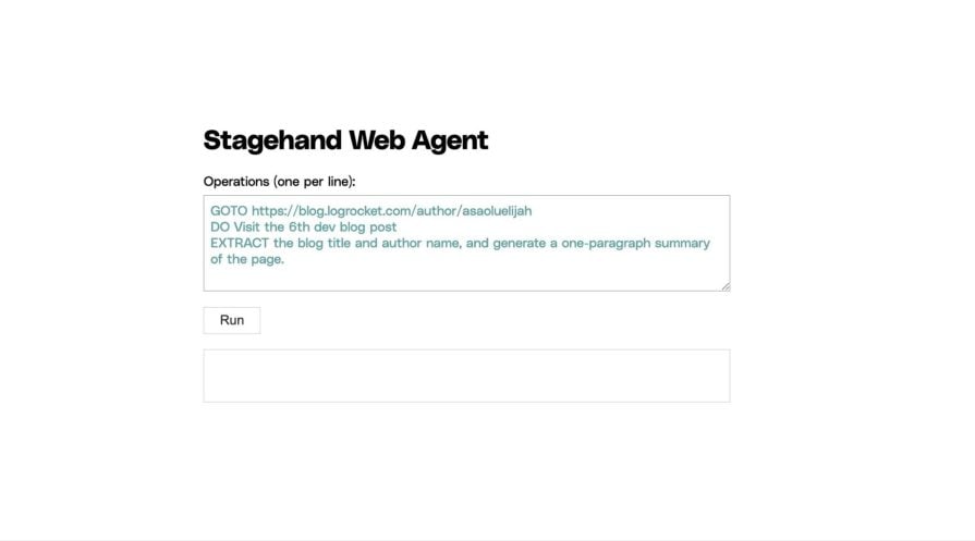 Stagehand Web Agent UI showing a command input box to extract blog data from a LogRocket author page