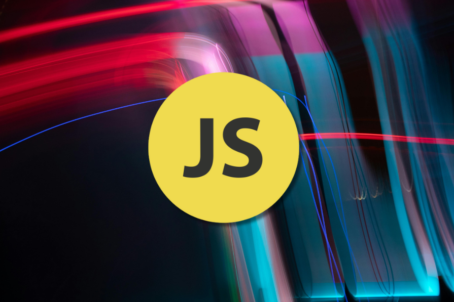 JavaScript logo on abstract neon background with red and blue light trails
