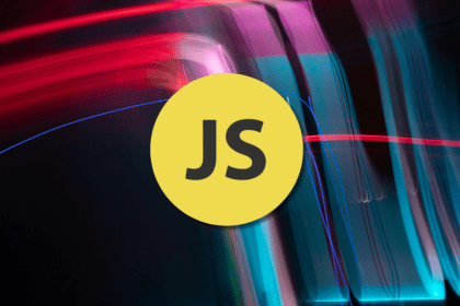 JavaScript logo on abstract neon background with red and blue light trails