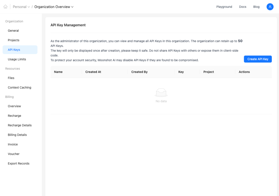 navigating to api keys