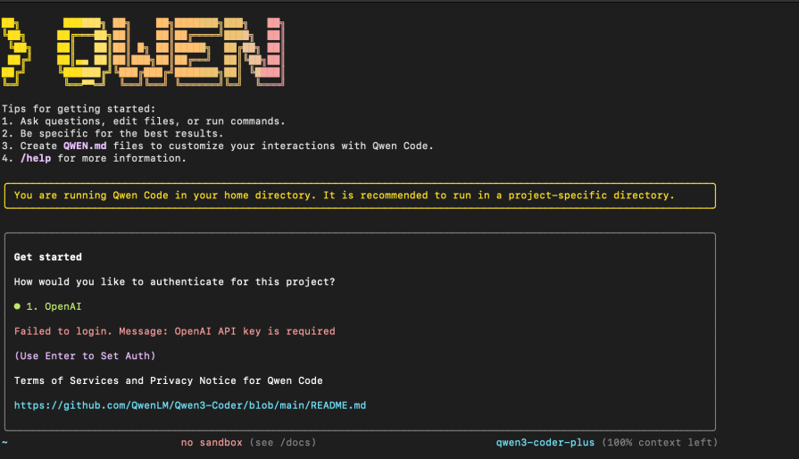 qwen code homescreen