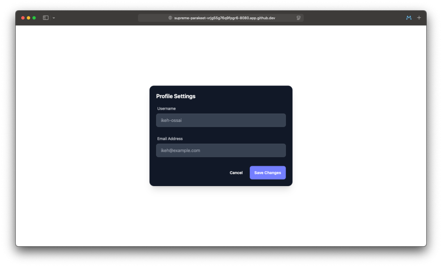 A dark daisyUI 4 settings panel with two inputs and two buttons, centered on a plain white background