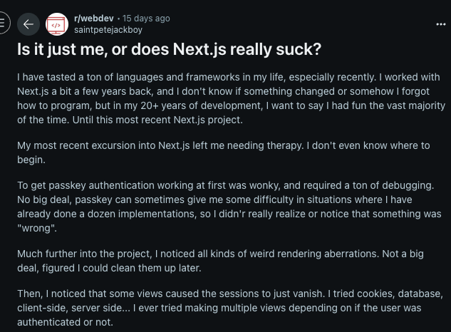 Reddit Comment About The Next.js Developer Experience