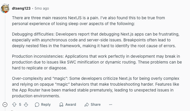 Reddit Comment About The Next.js Developer Experience