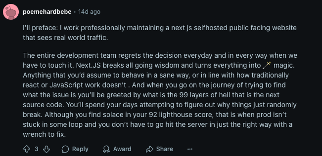 Reddit Comment About The Next.js Developer Experience