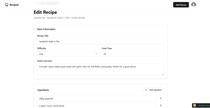 the edit recipe page