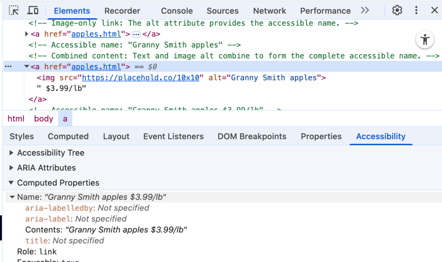 The Accessibility tab provides accessible names via computed properties