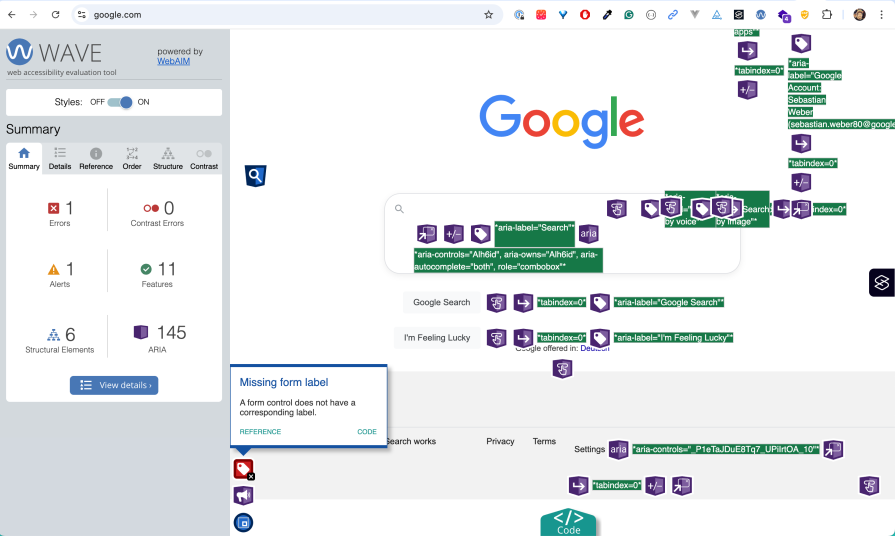 Wave's a11y overlay on google.com
