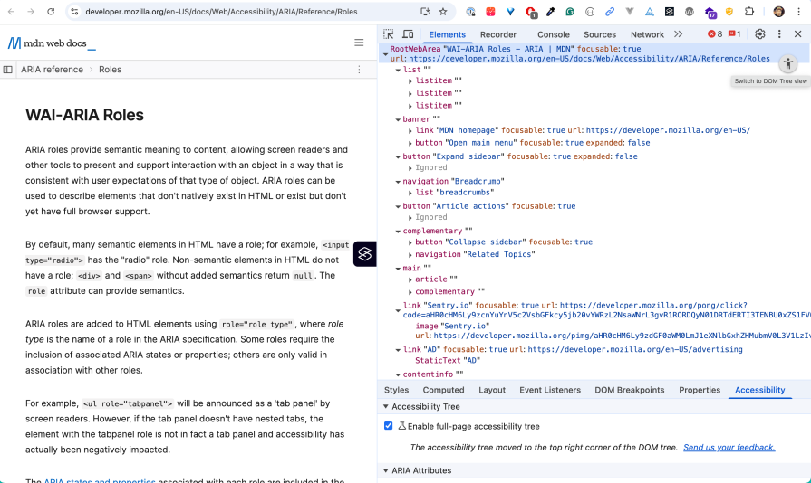 Accessibility tree of a page