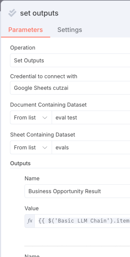 set outputs parameters screenshot