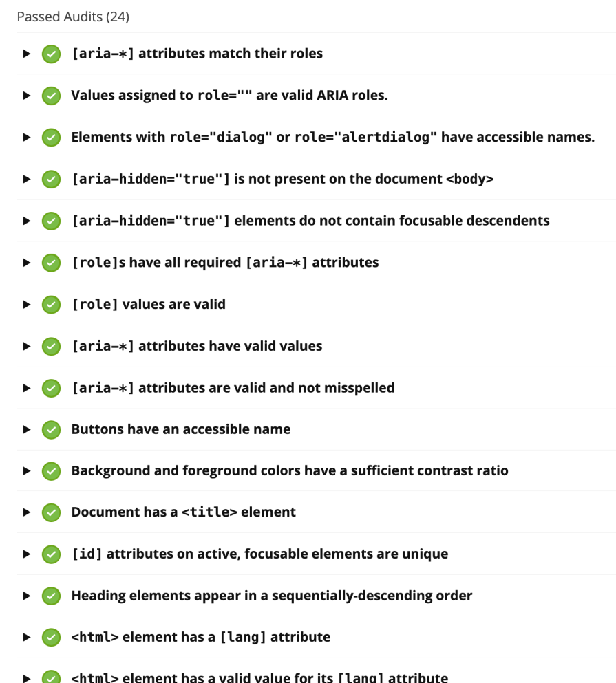 Passed audits of WebPageTest a11y audits