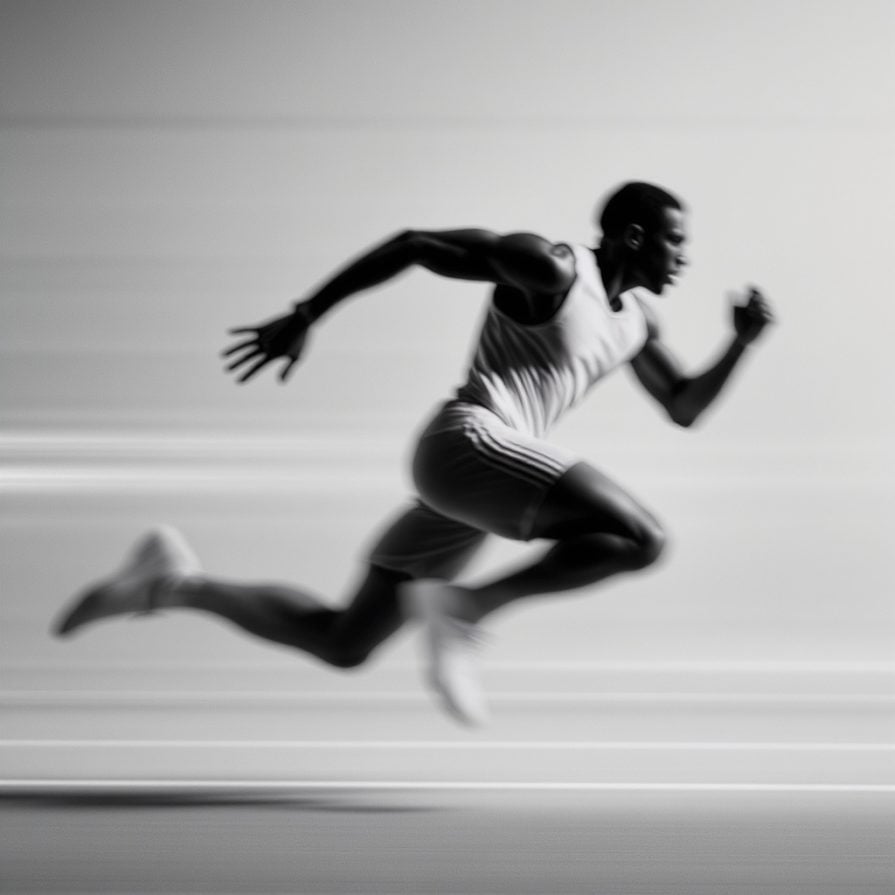 Blurred black-and-white photo of a male sprinter in motion, wearing athletic gear, captured mid-stride