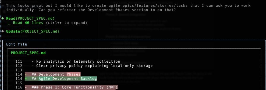 ask Claude Code to refactor these development phases into epics/features/stories