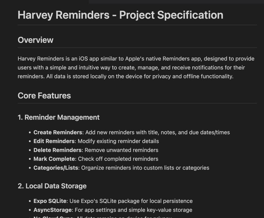 harvey reminders project specification