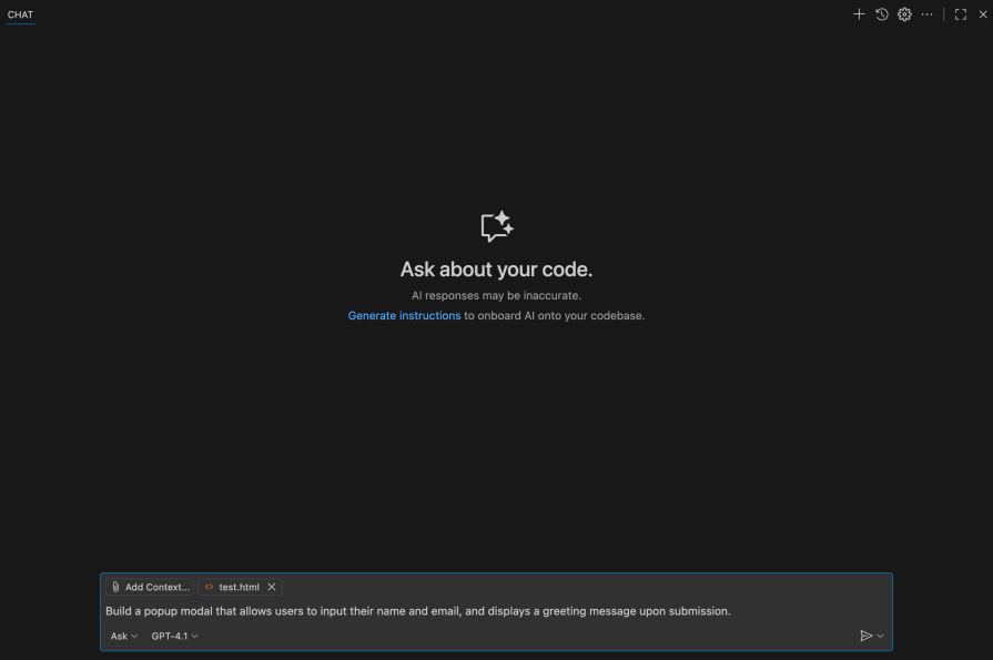 asking Copilot GPT-4.1 to build a popup modal