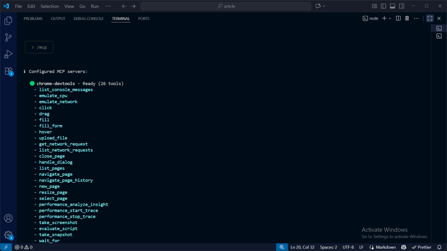 verifying setup of chrome devtools mcp server