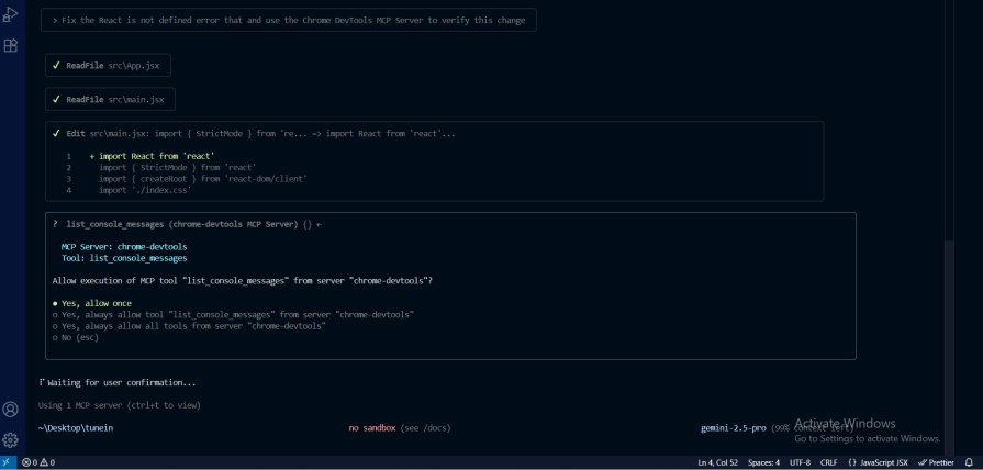 asking me for permission to use the Chrome DevTools list_console_messages tool to confirm whether the console error is still there