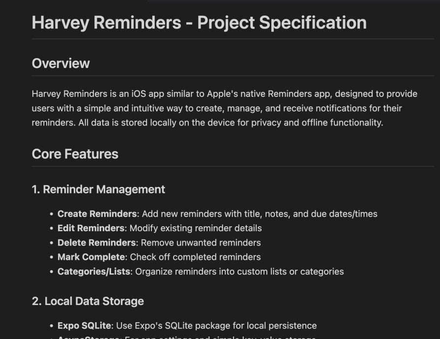 harvey reminders project spec