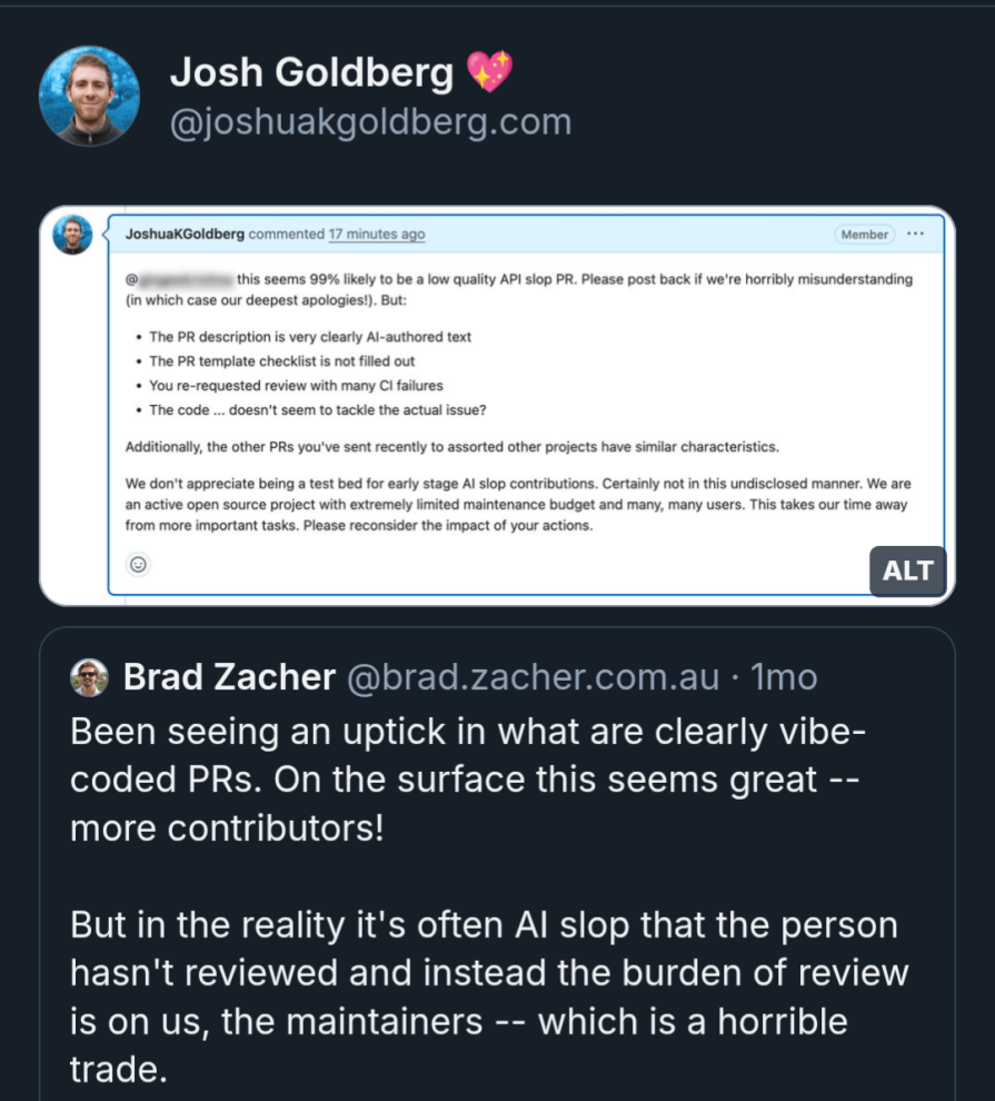 josh goldberg bluesky post about AI generated PRs