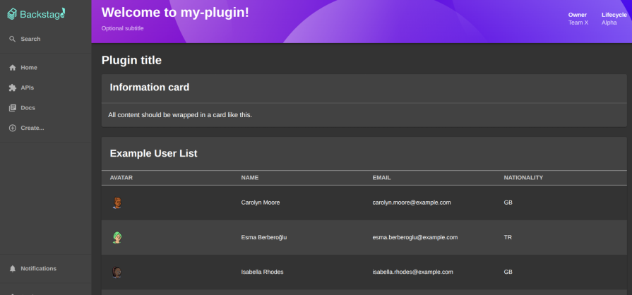 SCREENSHOT OF BACKSTAGE PLUGIN PAGE DISPLAYING EXAMPLE USER LIST AND INFORMATION CARD IN PORTAL INTERFACE