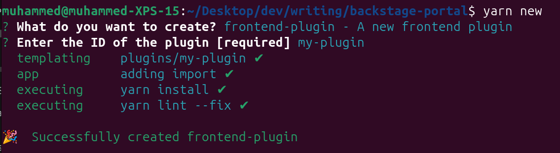 TERMINAL OUTPUT SHOWING CREATION OF A NEW FRONTEND PLUGIN IN BACKSTAGE USING YARN NEW COMMAND